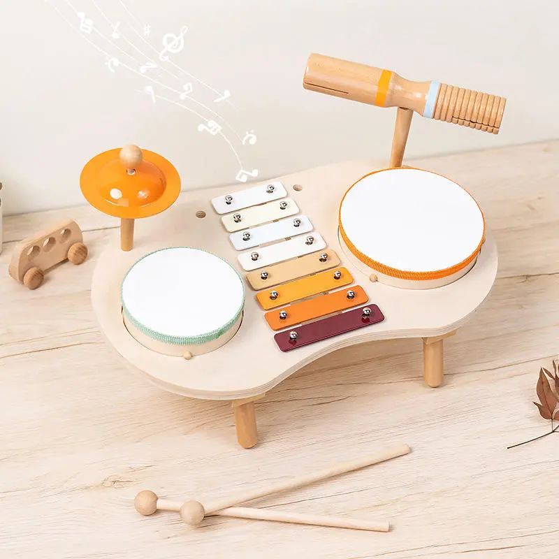 Wooden Drum Set for Toddlers 1-3, Musical Percussion Instruments for Kids Baby Drum Set Xylophone, Montessori Educational Musical Toys for Girls Boys Ages 3+