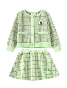 Disney Frozen Elsa Stitch Moana Minnie Toddler Girls 2 Piece Set Pearl Buttoned Knit Top Tweed Skirt Outfit for Kids Aged 2-7