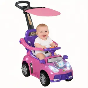 Qaba Push Car for Kids 1-3 Years, 3 in 1 Ride on Sliding Car, Foot to Floor Baby Push Car with Removable Handle, Music, Horn, Canopy, Safety Guardrail for Boys and Girls, lbs load capacity outdoorfun,seat storage,birthday gift