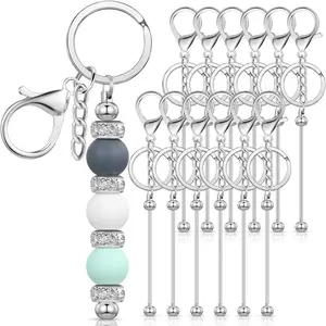 12 Pcs Beadable Keychains Bars Bulk Blank Beaded Metal Keychain for Craft DIY Gift