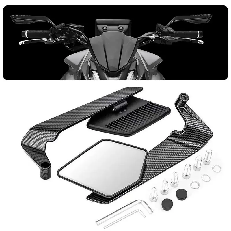Motorcycle rearview mirrors compatible with Kawasaki, Honda, Harley-Davidson, Suzuki and Yamaha. The unique shape effectively reduces wind resistance and boosts performance. Made of aluminum alloy, ideal for motorcyclists.