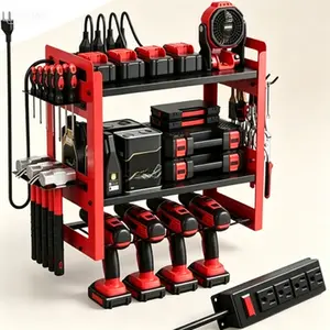 3-Tier Garage Wall Mount Tool Organizer with Charging Station, Heavy Duty Metal Power Tool Storage Rack, 4 Drill Holders and 6FT Power Strip, Workshop Utility Shelf with Outlets, Red