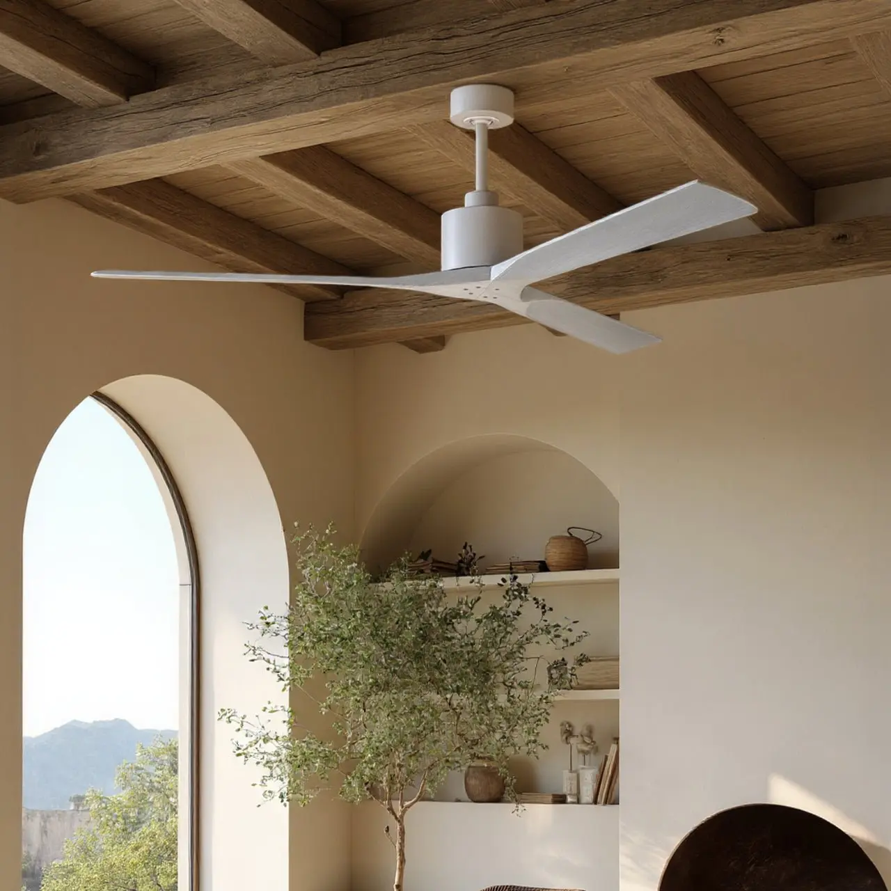 UMC9433 Art Deco Indoor/Outdoor Ceiling Fan, 12" (Plus Downrod) H x 72" W x 72" D, Matte White Finish, Breecelyn Collection