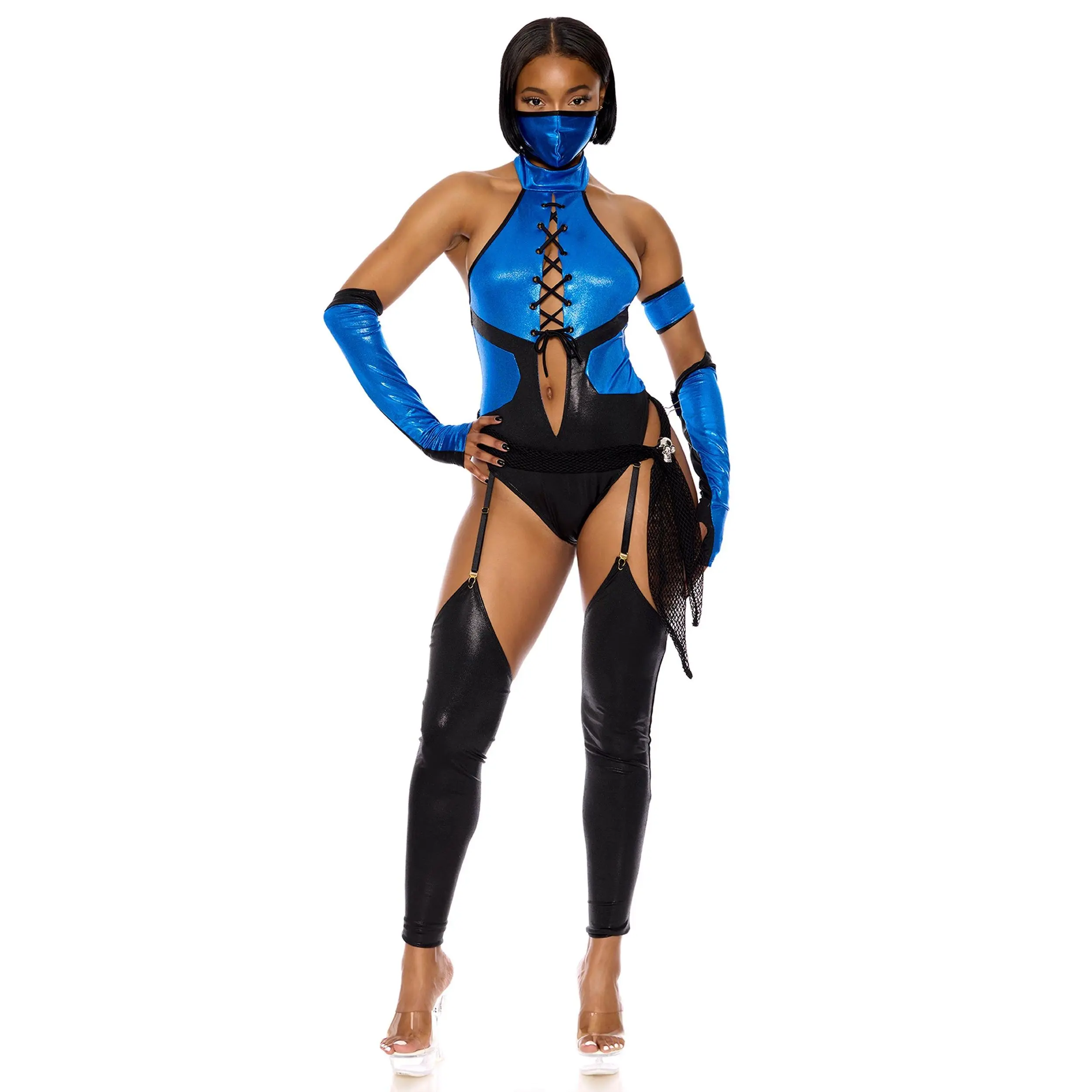 Women's Kitana Mortal Kombat Video Game Halloween Party Costume, Matching Skeleton Accessories & Stockings