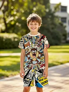 Boys' Trendy Tasmanian Devil Full-Print Set, Quick-Dry Summer, Casual Two-Piece Suit, Birthday & Holiday Gift Recommendation!