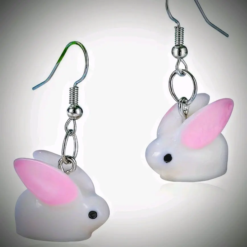 Little Bunny Fufu Earrings - White Rabbit Design with Pink Ears, Cute and Playful Style
