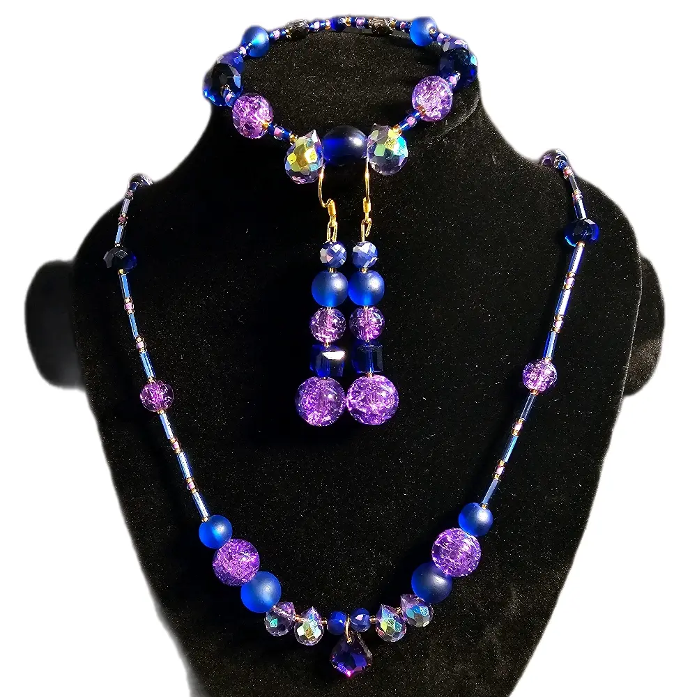 Gabriela Haller HigherKii Artique Purp'n Blue Jewelry Set with Tear Drop Pendant and Beaded Necklace Set Version 3
