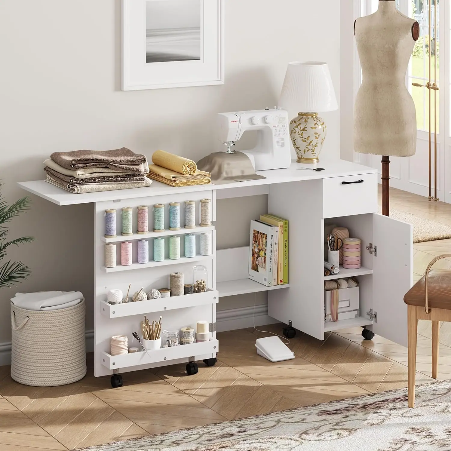 Garvee Folding Sewing Machine Table with Storage Shelves and Sliding Drawer, Rolling Side Desk with Lockable Wheels, Ideal Craft Station for Bedroom, Home, and Small Spaces in White