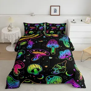 Colorful Mushroom Print 3 Piece Quilt Set with Filled Comforter and 2 Pillowcases, Skin-Friendly Fabric Easy to Clean, Perfect for Unique Bedroom Decor