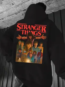 Men's Oversized Hoodie Stranger Things-Themed Print Full Character Group Portrait + Classic Title Design TV Series IP Nostalgic Style Personalized Hooded Top