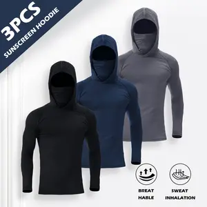 Set of 3 men's quick-drying windproof hooded long-sleeve sports tops, includes face mask, suitable for outdoor activities, running, and fitness compression sportswear.