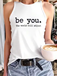 🔥 Be yourself, the world will adjust! ✨ Fashionable women's tank top | TikTok popular slogan, casual street style | Highlight yourself, embrace authenticity | Perfect for coffee moments, workouts, and summer outings