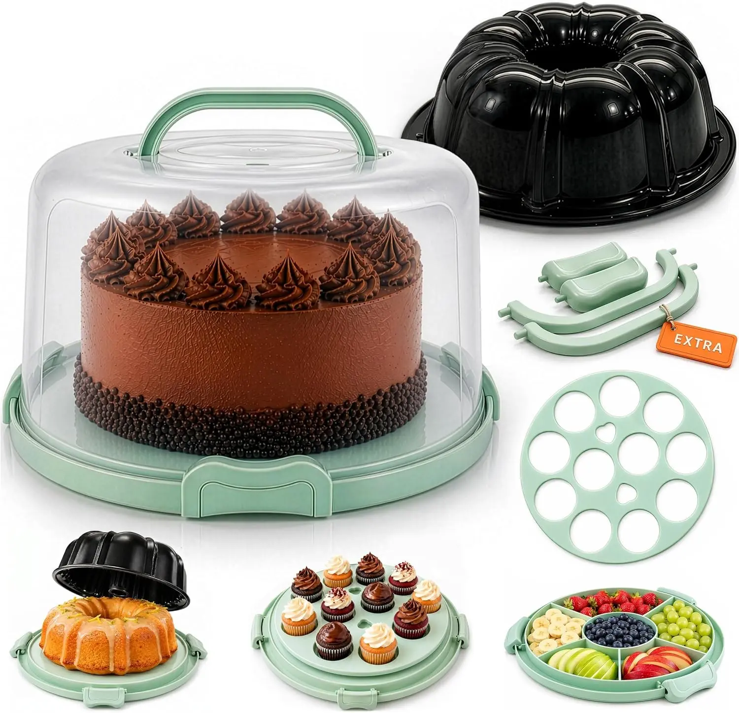 10in Nonstick Cake Pan Set with 12in Cake Carrier, Lid & Handle Large Round Tall Portable Travel Container for Transporting Cakes and Cupcakes, Mint Green