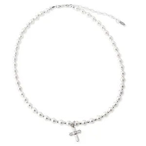 Sterling Silver Simulated Pearl Cross Necklace for Baptism or Communion