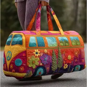 3D Printed Quilted Travel Bag, Retro Camper Van Design Short Trip Handheld Gym Bag, Large Capacity Multi-functional Sports Luggage Bag, Hand-Embroidered Cylindrical Duffle Bag, Short Trip Handheld Bag, Multi-functional Storage Luggage Bag