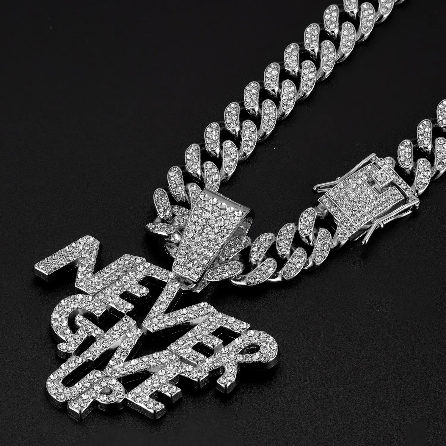 Hip Hop Rapper Pendant Necklace - Cuban Chain with Never Give Up Pendant, Unisex Fashion Accessory