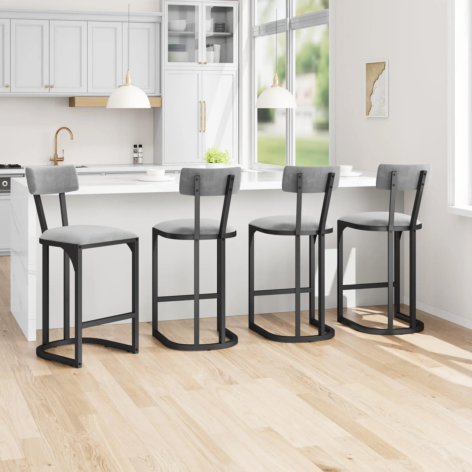 Gaomon 4-Piece Modern Counter Stools - Cushioned Upholstered Metal Kitchen Chairs, Minimalist Ergonomic Backed Fabric Stools for Dining Room & Home Bar (Gray)