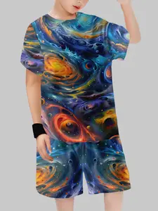 Van Gogh Starry Sky Galaxy 3D Printed Kids Set, Universe Trendy Boys Short Sleeve Shorts Two-Piece, Casual Fitted Style