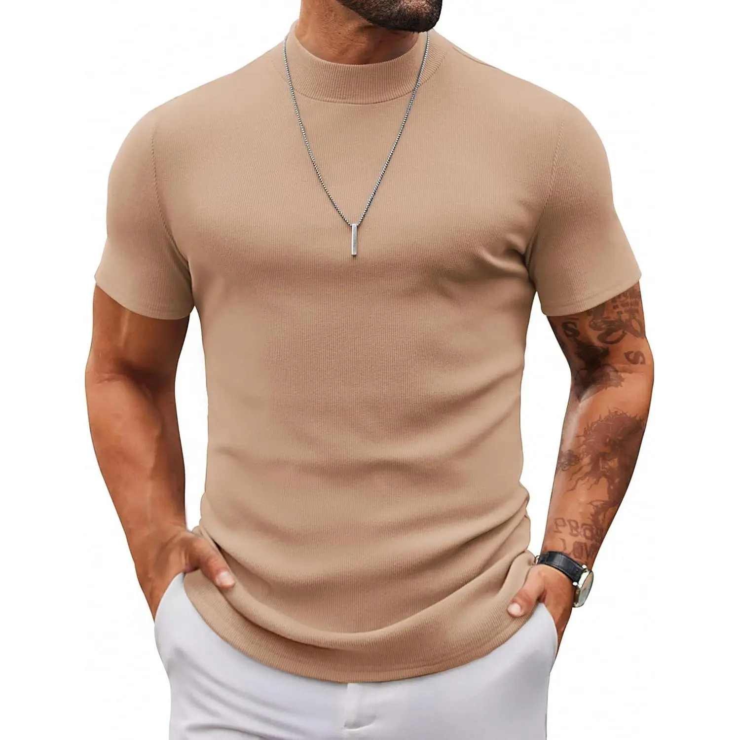 Mens Mock Turtleneck Sweater Short Sleeve Slim Fit Turtle Neck Sweaters Casual Basic Tee Ribbed Knit Pullover Tops Knitwear Menswear