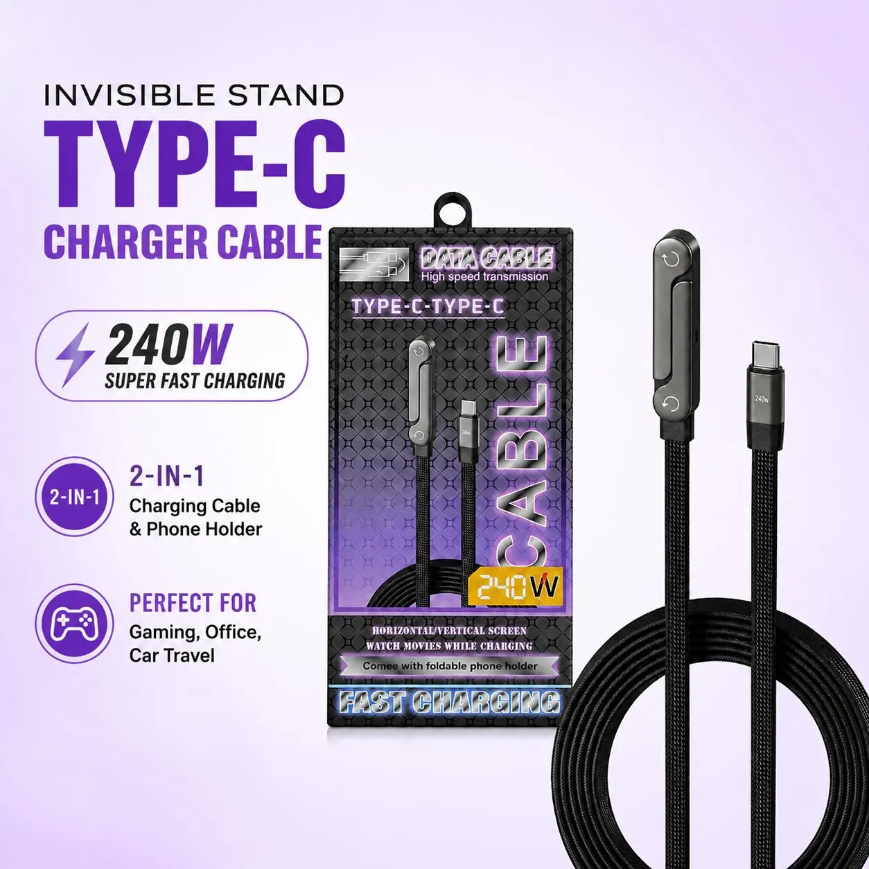 240W USB‑C to USB‑C Fast Charging Cable,2‑in‑1 Type‑C Charger Cable with Foldable Invisible Phone Stand, Braided Fast Data Sync Cord for Gaming Office Car Travel