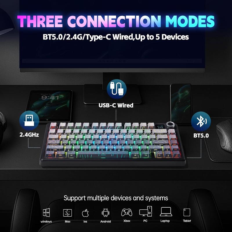 Aula F75 MAX Wireless Mechanical Keyboard with TFT Screen and Knob, Gasket Keyboard in 75% Layout, Hot Swappable Gaming Keyboard for PC/Mac/Linux
