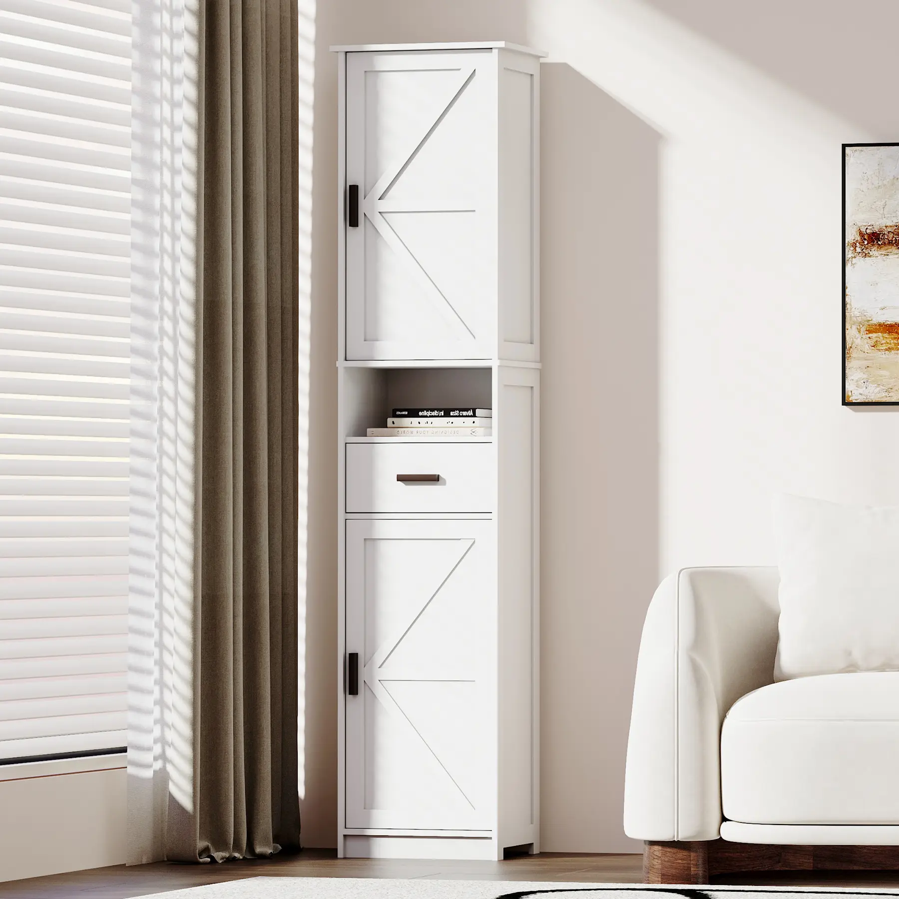 69"H Tall Slim Freestanding Cupboard - Single Unit Sideboard Storage Cabinet with 2 Barn Doors, 1 Drawer, Adjustable Shelves, Hidden Storage Living Room Furniture (White)