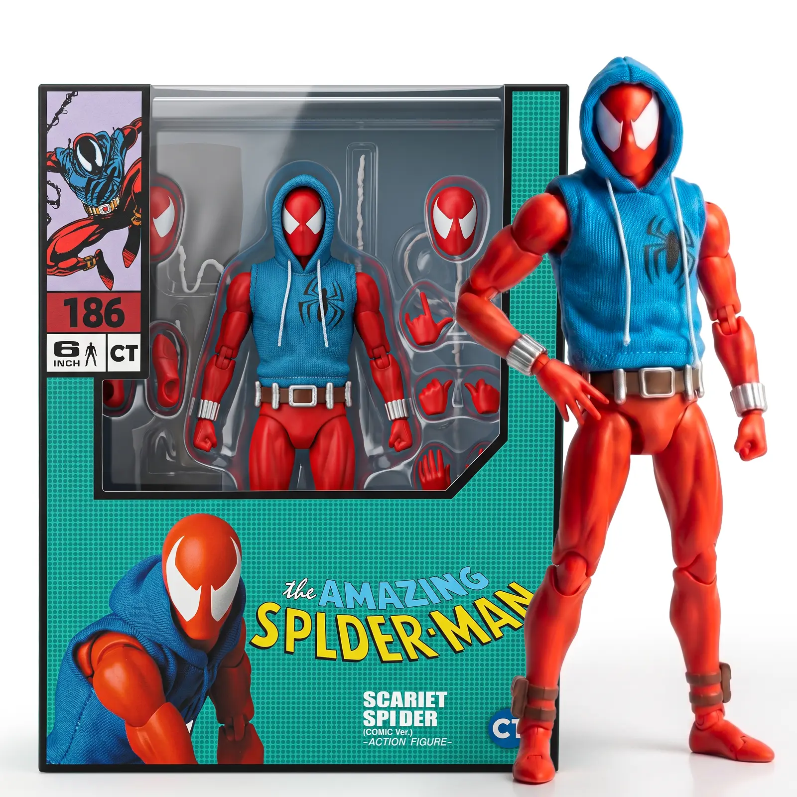 Scarlet Spider (Ben Reilly) 6-Inch Action Figure, Articulated Comic Collectible with Fabric Hoodie, Alternate Heads, Hands, and Web Effects