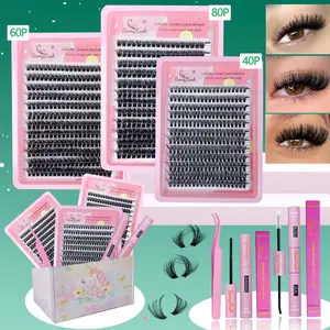 3 boxes Cluster lash kit, DIY Eyelash Extensions,40P+60P+80P with bond seal remover and applicator,natural volume thick full lash style flawless eyelash look for everyday eye make up and gift for family