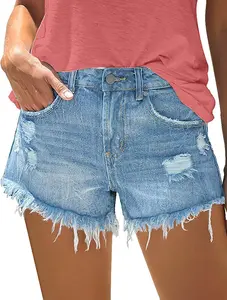 Magritta Women's Fitted I-Blue Denim Shorts High Waisted Stretchy Summer Jeans with Pockets Machine Washable Streetwear Bottoms