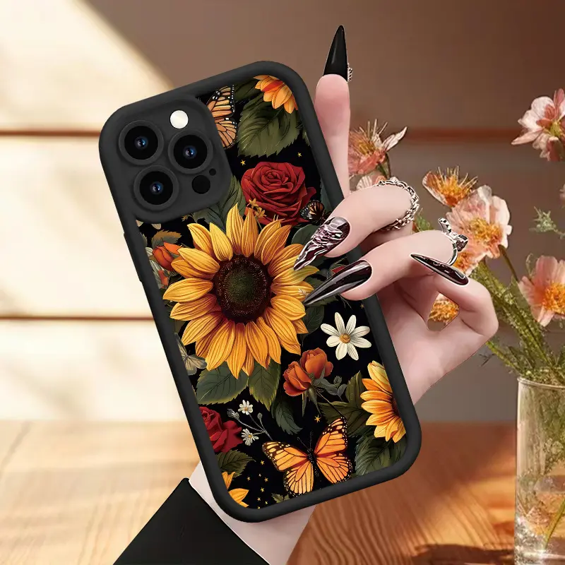Thick Shockproof Phone Case - Black Sunflower Print Cover, Rugged Protection Casing & Accessory for iPhone 17,16,15,14,13,12,11 & Their Pro Models