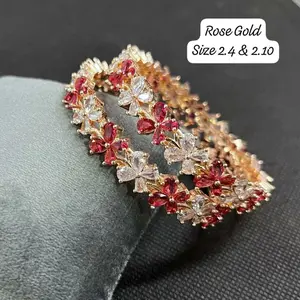 Rose Gold AD Crystal Bangles 2pcs Set Indian Bollywood Styles Premium Quality Cubic Zirconia Bangle Set Sizes 2.4 2.6 2.8 2.10