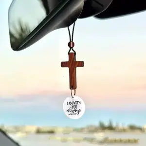 Daily Bible Verse Rearview Mirror Cross Ornament – Daily Scripture Car Charm Hanging Cross for Car with “I Am with You Always” Medallion