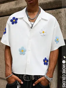 Men's Street Style Streetwear Hip Hop Button Shirt, Floral, Vintage Fashion, Loose Fit Woven Fabric, All Season Casual Wear