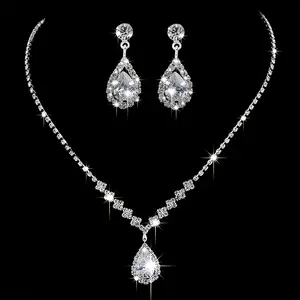 Fashion jewelry: dazzling luxury evening bridal dress accessories, rhinestone water drop synthetic zircon necklace and earring set,summervibes