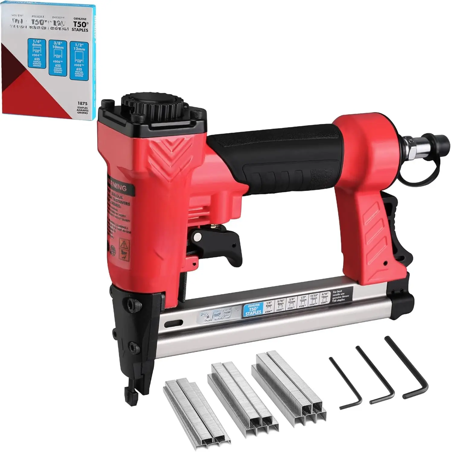 Pneumatic Staple , Oil-Free Upholstery Stapler with 3750 count T50 1/4", 3/8", 1/2" Staples, Adjustable Exhaust, for Woodworking, Professional and DIY Projects, PT50