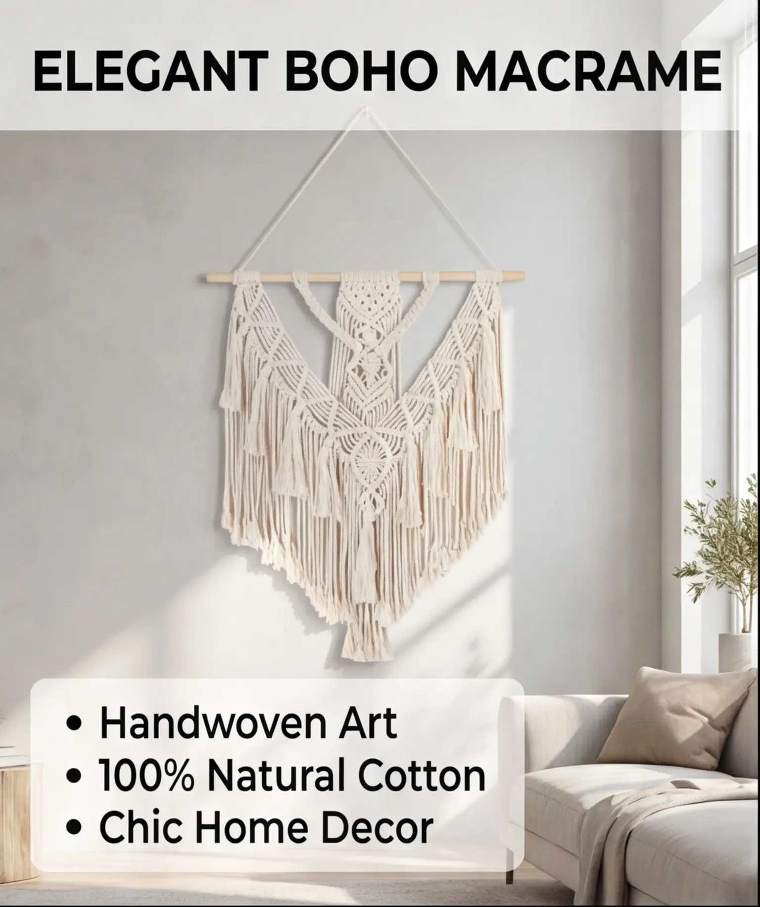 Rustic Hangable Macrame Boho Wall Hanging Decor - Geometric Cotton Handmade Tapestry with Long Tassel, Chic Craft Ornament for Home Bedroom, Ideal Decor Inspo Gift for Women
