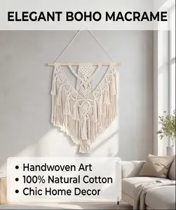 Macrame boho wall hanging decor, geometric woven tapestry, chic cotton handmade bohemian art with long tassel, craft ornament for dorm home bedroom western room decoration gift for women
