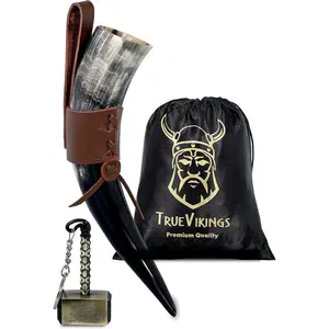 Drinking Horn 10-12 inch – Gifts for Men, Dad, Husband – Unique Viking Gift – Handmade Real OxHorn Cup with Thor Bottle Opener – For Beer, Ale, Mead (Horn With Holster)
