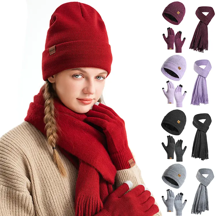 FEITAI 3 in 1 Winter Beanie Hat Scarf Touchscreen Gloves Set for Men and Women with Thick Fleece Lined