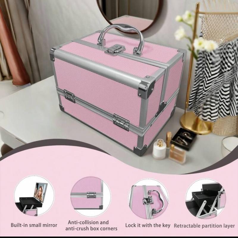 Aluminum Makeup Train Case Jewelry Box with Mirror Pink Lockable Handle Accordion Style Fold Out Compartments Compact Design Travel Essentials