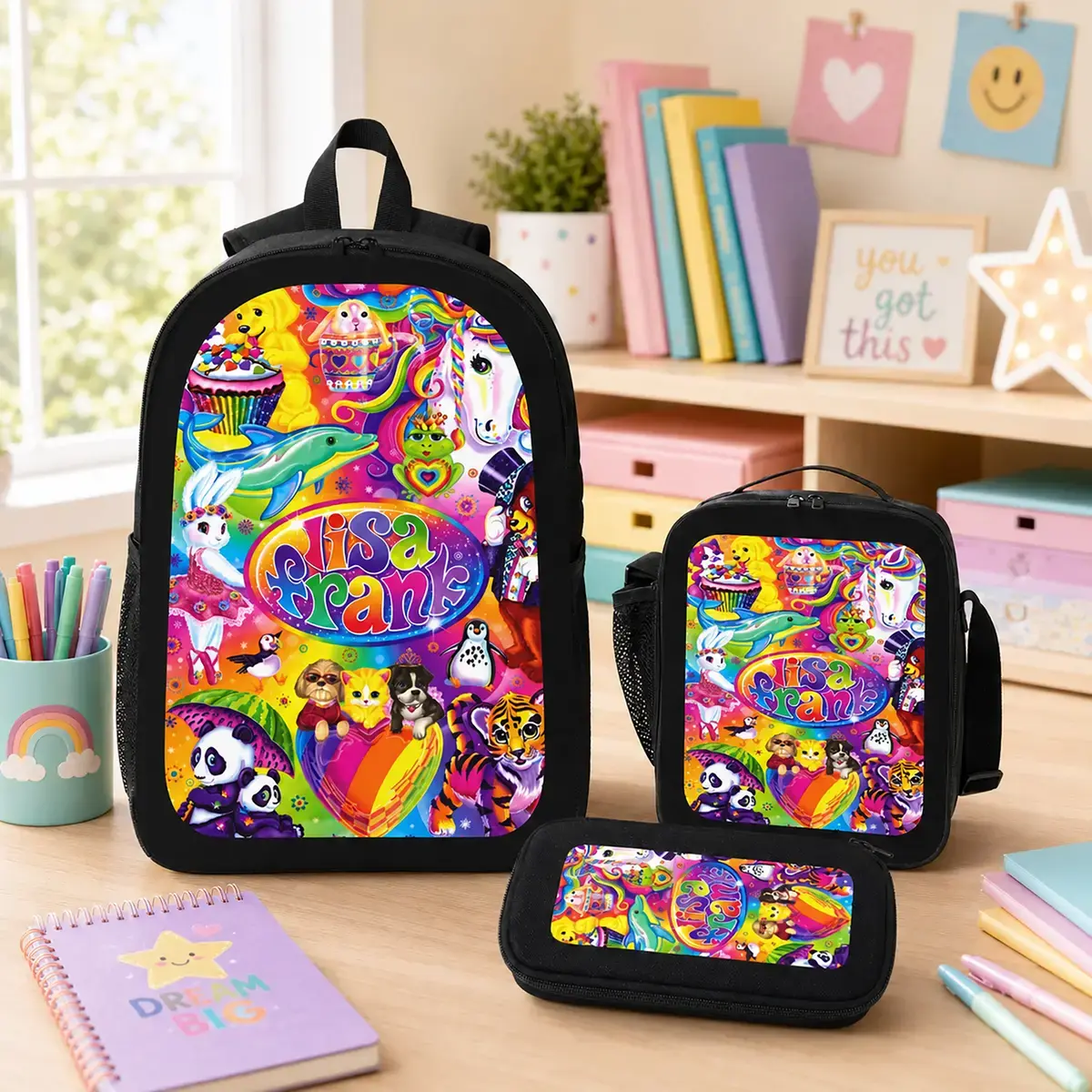 Lisa Frank Unisex 3-Piece Polyester Backpack Set - Large Capacity, Lightweight, Breathable Gym Bag with Lunch Bag & Pencil Case for Back to School & Travel (Kids Teens Students), Anime