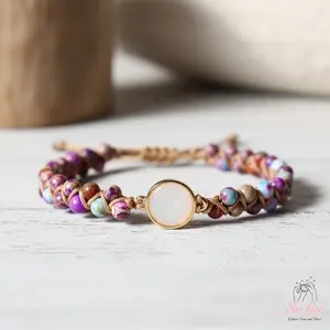 Sofia Natural Jasper Bracelet Round Opalite Heart Charm Stone Crystal Bohemia Style Adjustable for 6-7.5 Inches Wrist Handmade Valentine's Day Gift