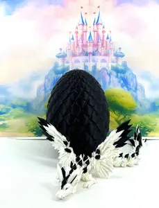 3D Printed Dragon with Wings, Crystal Winged Dragon and Dragon Egg, 8" Articulated White and Black Winged Dragon, Fidget ADHD Autism Toy
