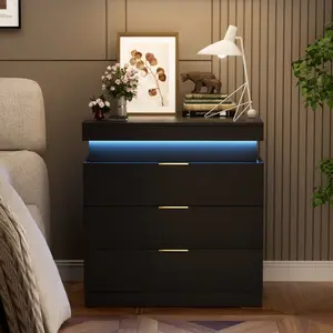 LED Nightstand Bedside Table with Charging Station and LED Lights,Night Stand with Sliding Top for Bedroom,Bedside Table with Drawers,Modern End Side Table, 28.8''W x 17''D x 30.5''H.
