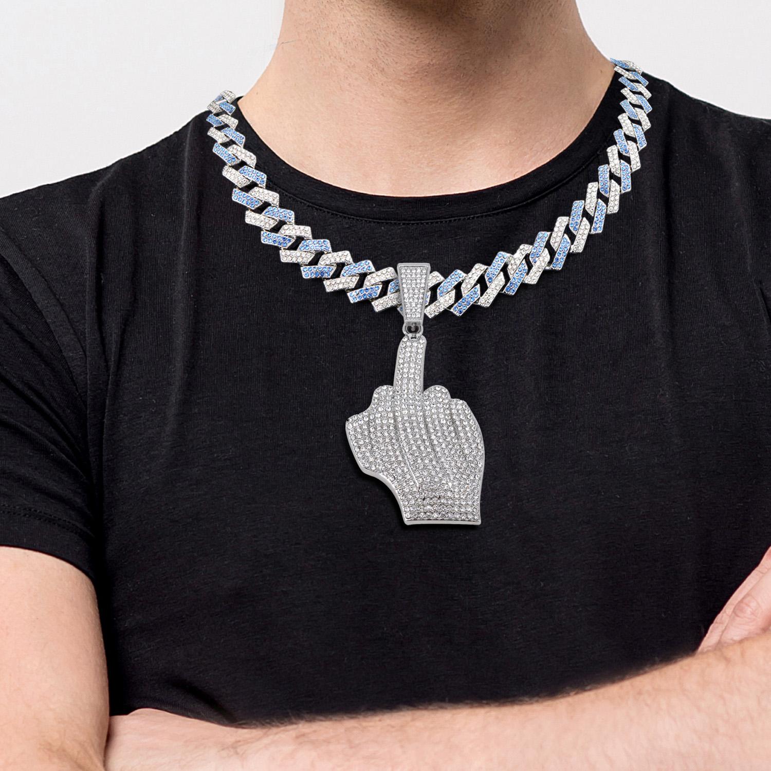 Rhinestone Middle Finger Pendant with Flip-up Diamond-shaped Necklace Silver Gold Plated Bling Necklace Miami Diamond Pendant Necklace, Iced Out Hip Hop Jewelry Gift for Men Women Birthday Christmas Costumes Daily Decoration