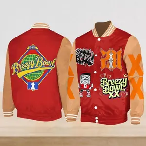 Breezy Bowl Tour 2025 Varsity Baseball Jacket, Hip Hop Concert Music Fan Streetwear Festival Outfit, No-Fade Colors, Wash After