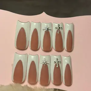Deep French Tip Press On Nails Long Length Handmade Acrylic Reusable XS S M L Sizes