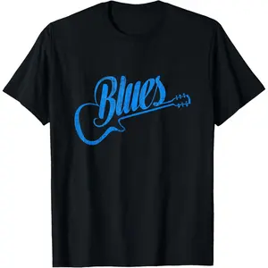 Vintage Blues Music Blue Guitar T-Shirt for Men Women Rock & Roll Lovers Casual Short Sleeve Tees