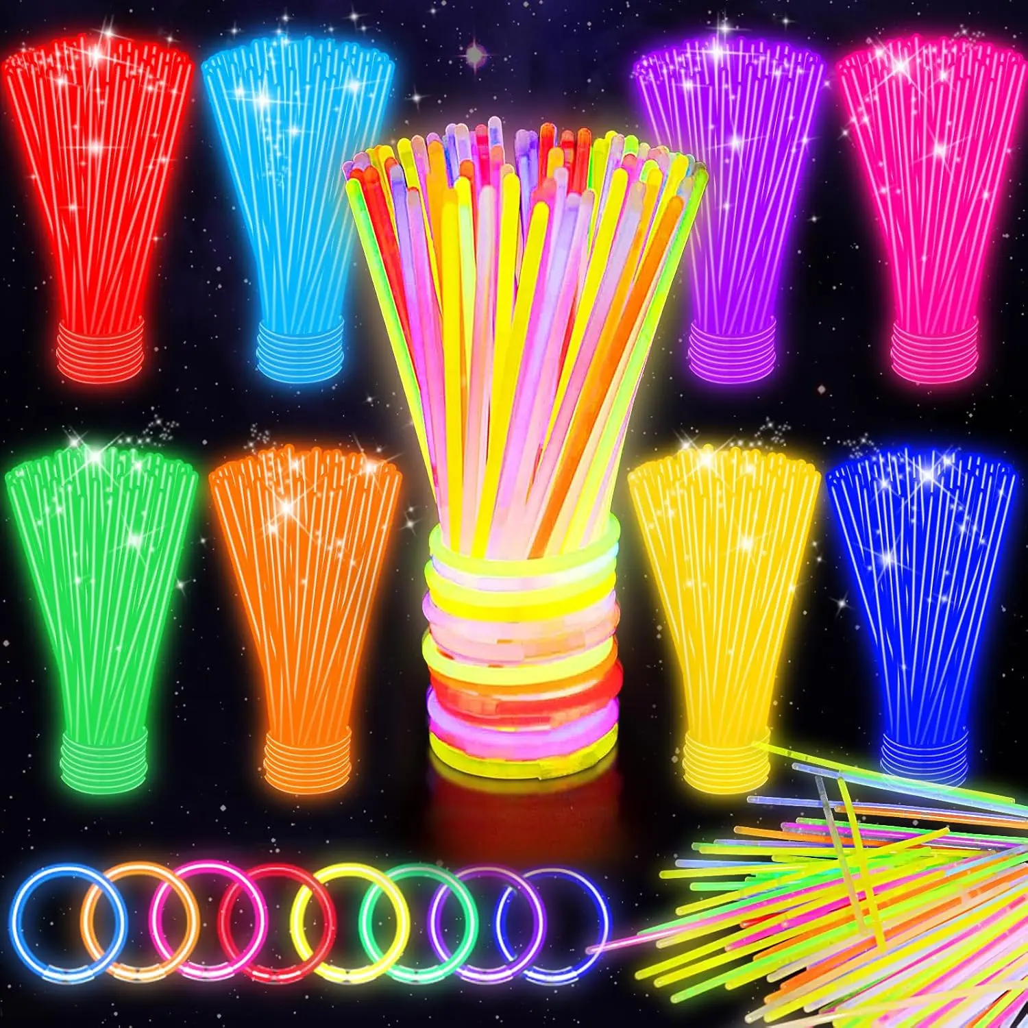 SHQDD 100 Glow Sticks Bulk Party Pack, 8" Neon Glow Sticks, DIY Glowsticks with Connectors Bracelets & Necklaces, Glow in the Dark Party Supplies for Kids, Adults, Parties, Halloween & New Year