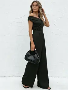 A women's solid color one-sided off-shoulder crisscross pleated top high-waisted slim-fitting wide-leg jumpsuit, Casual Jumpsuit, for summer, suitable for social, evening, street occasions, High Waisted Jumpsuits